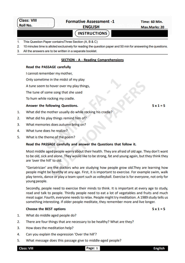 FA1 Question Paper For Class 10 ENGLISH