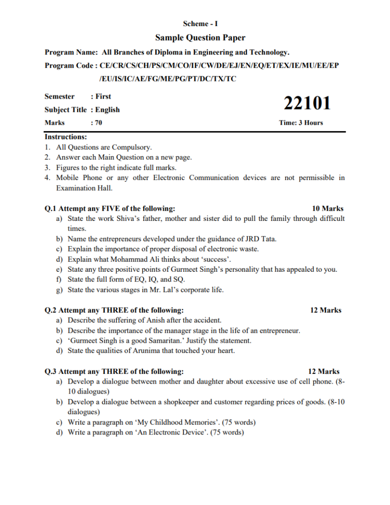 Polytechnic English Question Paper 1st Year PDF Download