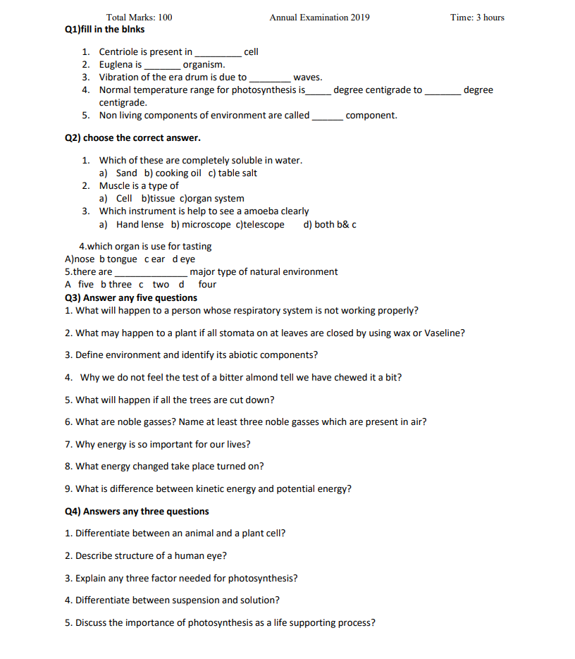7th Class Exam Paper 2019